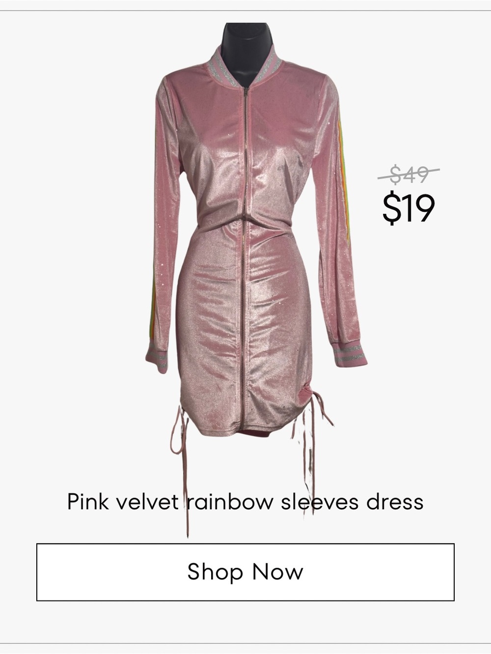 Pink Velvet Zip-Front Dress with Rainbow Sleeve Stripe